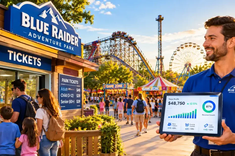 Park manager reviewing Blue Raider Adventure Park Accounting dashboard on a tablet at a busy ticket gate with families in the background