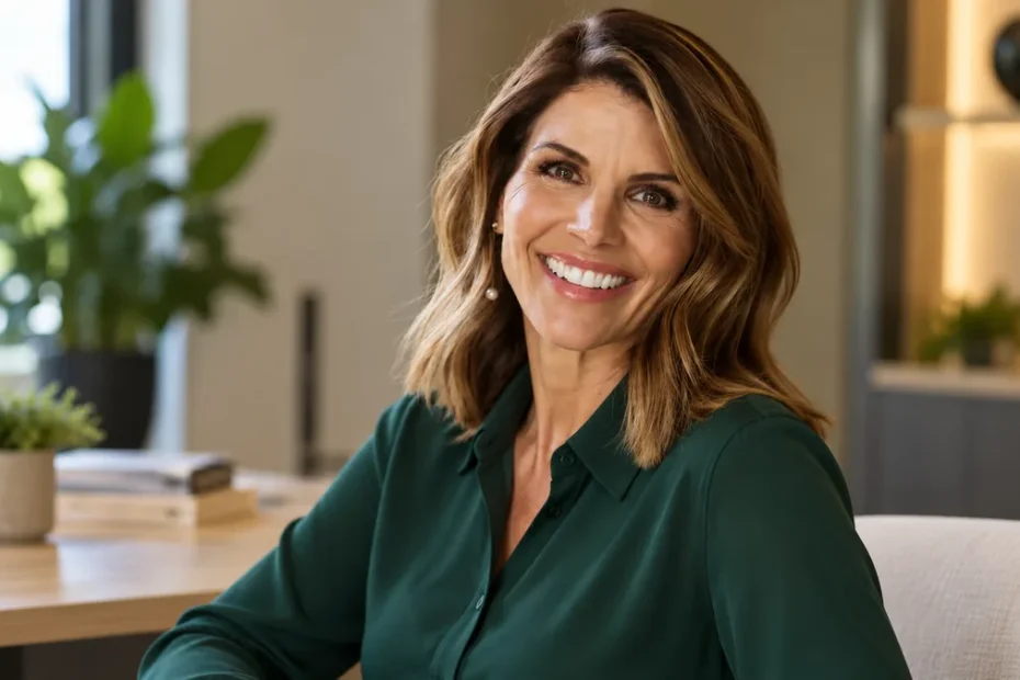 Actress Lori Loughlin smiling in a green collared shirt during a modern portrait session.